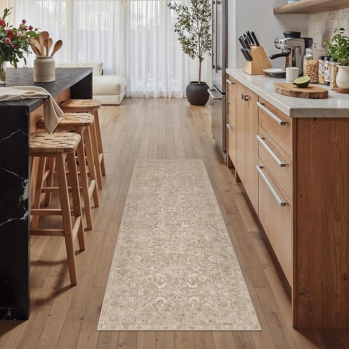 Brown 2x6 Runner Rug Hallway Washable Vintage Carpet Kitchen Long Small Indoor Non Slip Soft Low Pile Thin Stain Resistant Distressed Accent Throw Rug for Bedroom Laundry Office Living Room