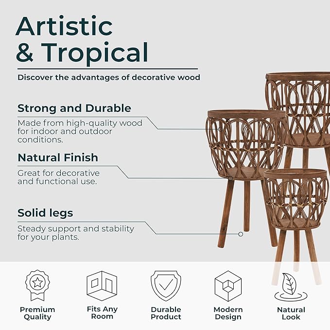 Set of 3 Woven Decorative Planter Pot with Stand – Wooden Bamboo & Plywood Outdoor & Indoor Plant Pot – Boho Garden & Home Decor Planters – 20", 23", & 26", Brown
