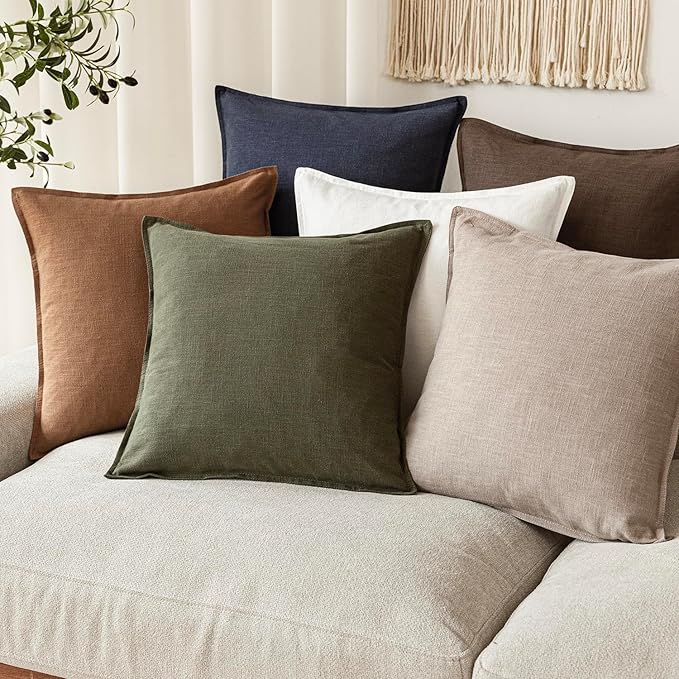 Foindtower Set of 2, Decorative Linen Soild Throw Pillow Covers Soft Accent Cushion Euro Case Boho Farmhouse Pillowcase for Chair Couch Sofa Bedroom Living Room Home Decor 16 x 16 Inch Natural Linen