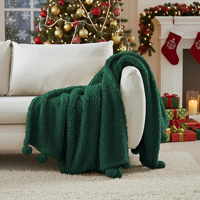 HORIMOTE HOME Ultra Soft Sherpa Throw Blanket with Pompom Fringe, Lightweight Plush Boho Throw Blanket for Couch, Sofa, Bedroom,Travel, Christmas Decor, Warm Blanket for Winter, 50"x60", Green