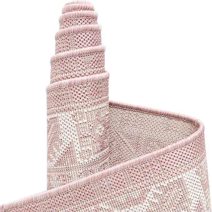 Rugs.com Outdoor Aztec Collection Rug – 13 Ft Square Pink Flatweave-Pile Rug Perfect for Living Rooms, Kitchens, Entryways