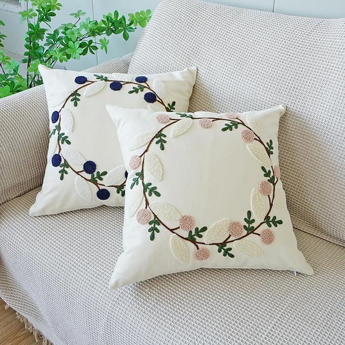 vctops Floral Embroidered Pillow Covers 18x18 Inch Spring Summer Cotton Tufted Throw Pillow Cover Outdoor Garden Cushion Case for Sofa, Bed, Living Room (Flower B,18"x18")