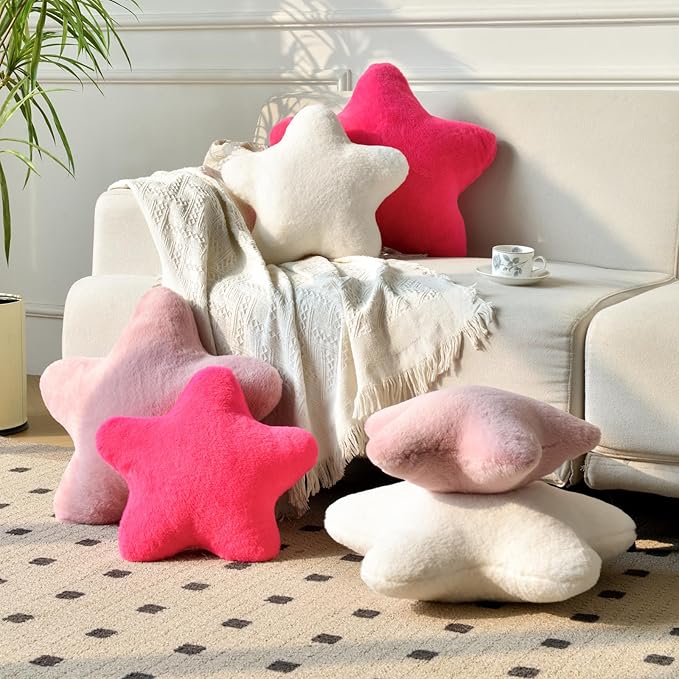 Xiashrk Star Pillow, Decorative Throw Pillows for Bed Couch, 19.6" Star Shaped Pillow Plush Floor Cushions Room Decor Pillow with Soft Faux Rabbit Fur for Sofa Bedroom Living Room