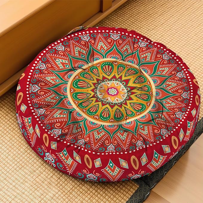 Mandala Meditation Cushion, Boho Meditation Mat, Meditation Pillows for Sitting on Floor, Cushions for Sitting in Home and Outdoor, Round Floor Pillows Cushion Seating for Yoga Accessories 22'' X 22''