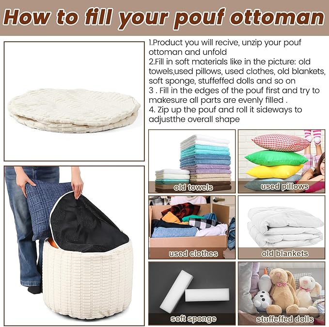 2 Pcs 20 x 15 Inch Unstuffed Ottoman Pouf Cover Corduroy Foot Rest - No Filler, Striped Foot Stool Floor Bean Bag Floor Chair Storage for Modern Farmhouse Bedroom Home Decor(Beige)
