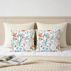 Turquoise Orange Floral Throw Pillows Covers 18x18 in Set of 2, Decorative Teal Orange Flower Square Pillowcase Pillowcovers for Couch Living Room Sofa Bedroom, Boho Cushion Covers, Spring Home Decor