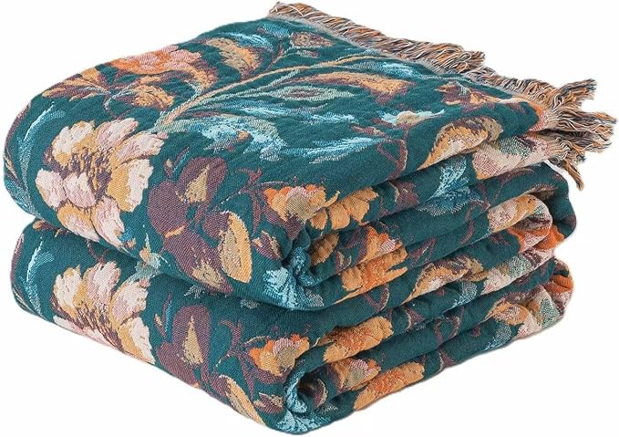 Boho Throw Blanket Twin Size, Soft Cozy Cotton Muslin Quilt Blanket for Bed Decor, Floral Patterned Couch Sofa Chair Cover, Vintage Farmhouse Cottage Tapestry Woven Blanket, Teal&Taupe