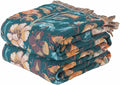 Boho Throw Blanket Twin Size, Soft Cozy Cotton Muslin Quilt Blanket for Bed Decor, Floral Patterned Couch Sofa Chair Cover, Vintage Farmhouse Cottage Tapestry Woven Blanket, Teal&Taupe