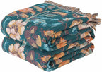 Boho Throw Blanket Twin Size, Soft Cozy Cotton Muslin Quilt Blanket for Bed Decor, Floral Patterned Couch Sofa Chair Cover, Vintage Farmhouse Cottage Tapestry Woven Blanket, Teal&Taupe
