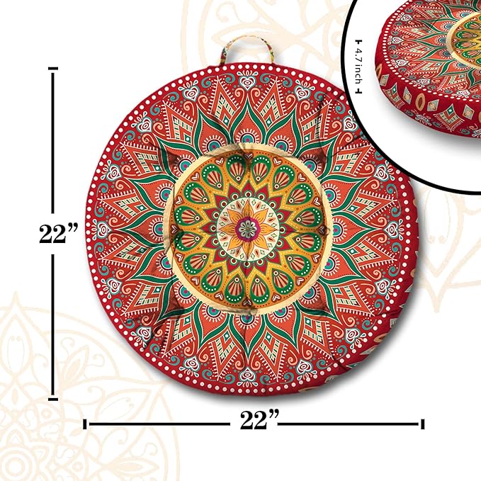Mandala Meditation Cushion, Boho Meditation Mat, Meditation Pillows for Sitting on Floor, Cushions for Sitting in Home and Outdoor, Round Floor Pillows Cushion Seating for Yoga Accessories 22'' X 22''