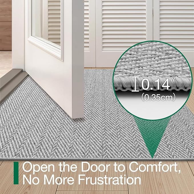 LUMI Ultra Thin Indoor Door Mat for Entrance 48"x72", Non Slip Entryway Mat, Low Profile Doormat, Unique Herringbone Design Carpet for Inside, Patio, Porch, Gray