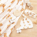 BabyWhale Muslin Swaddle Blanket with Hat and Headband Bow, Bear Pattern Swaddle Set for Baby Boys ＆ Girls, Newborn Breathable Receiving Blanket Wrap, Large 47x47 inches