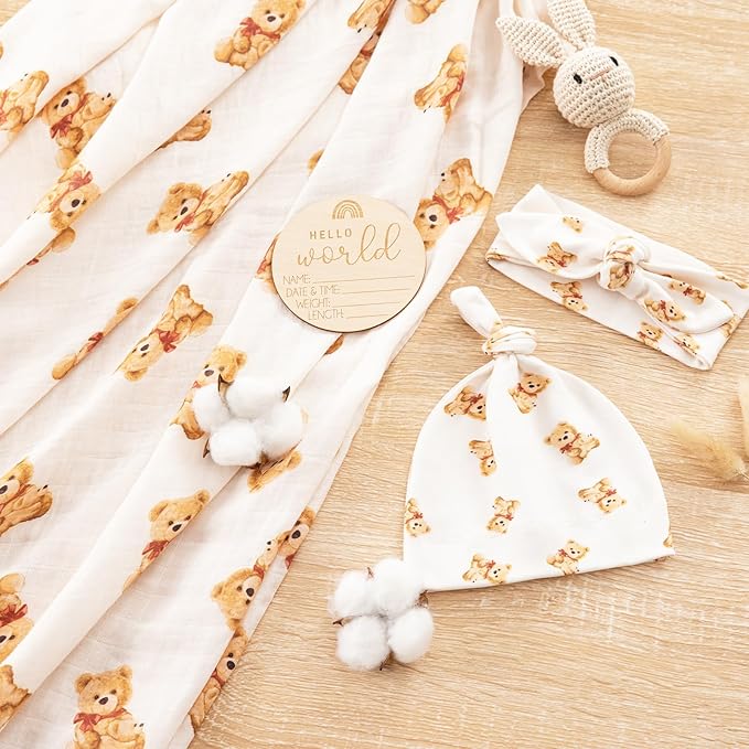 BabyWhale Muslin Swaddle Blanket with Hat and Headband Bow, Bear Pattern Swaddle Set for Baby Boys ＆ Girls, Newborn Breathable Receiving Blanket Wrap, Large 47x47 inches