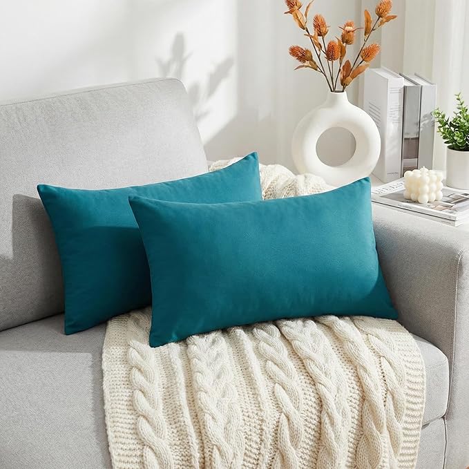 Thmyo 4-Pack 100% Cotton Lumbar Comfortable Solid Decorative Throw Pillow Case, Rectangle Cushion Cover Pillowcase Sublimation Blank Pillow Covers DIY Throw Pillowcase(12x20inch/30x50cm, Lake Blue)
