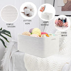 COMFY-HOMI Cotton Rope Woven Basket with Handles for Shelves,Toys,Book, Cloth Storage Baskets for Organizing-17" x 13" x 7.5" Toy Decorative Organizer for Living Room, Bathroom （All White）