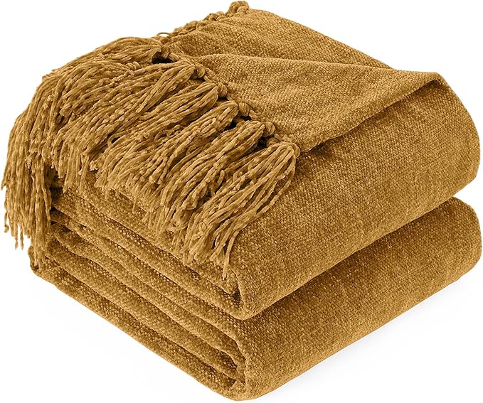 Chenille Throw Blanket for Couch with Tassels,60"X80" Soft Cozy Lightweight Knitted Boho Decorative Blankets for Bed and Sofa,Yellow