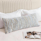 Boho Chenille Tufted Pillow Cover 14x36 Inch Set of 1, Farmhouse Striped Decorative Pillow Covers Accent Fluffy Neutral Long Body Bolster Pillow for Couch Sofa Bedroom Living Room, Gray Khaki