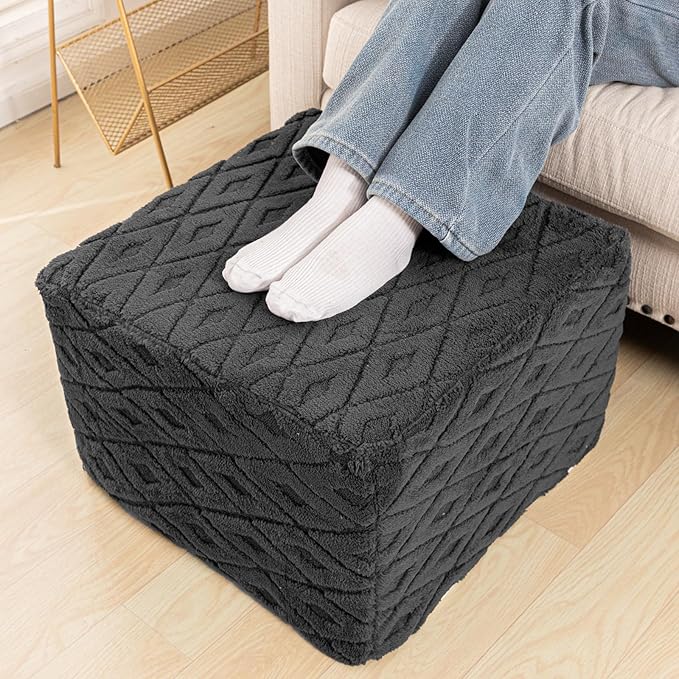 Fluffy Square Ottoman Pouf with All-in-One Foam Filling 20 x 14 Inches Furry Ottoman Foot Rest Foot Stool for Living Room or Bedroom (Gray)