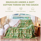 Boho Throw Blanket for Bed 100% Cotton Soft Breathable Quilt Room Decor Bed Blankets,Floral Garden Embroidery All Season Green Reversible Blankets for Sofa Couch Chair 80"x90"