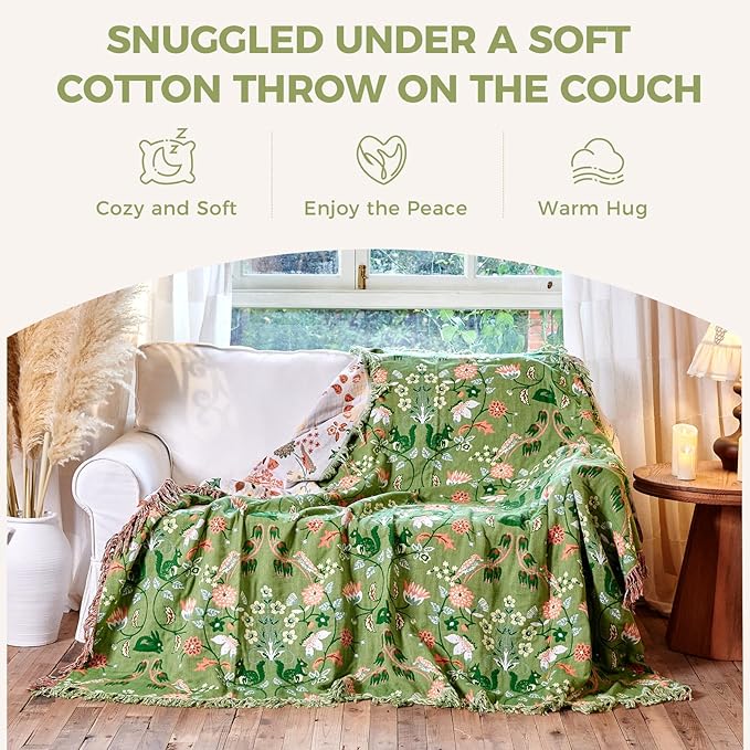 Boho Throw Blanket for Bed 100% Cotton Soft Lightweight Quilt Room Decor Green Spring Bed Blankets,Floral Garden Embroidery Reversible All Season Twin Blankets for Sofa Couch Chair 60"x80"