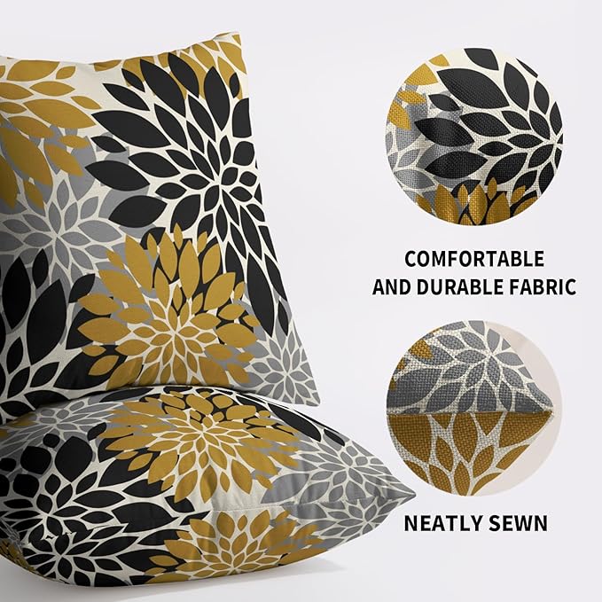 Black Mustard Yellow Pillow Covers 24X24 Inch Set of 2, Spring Summer Floral Dahlia Flower Cream Decorative Throw Pillow Covers Outdoor Modern Farmhouse Cushion Case for Home Couch Sofa Bed Decor