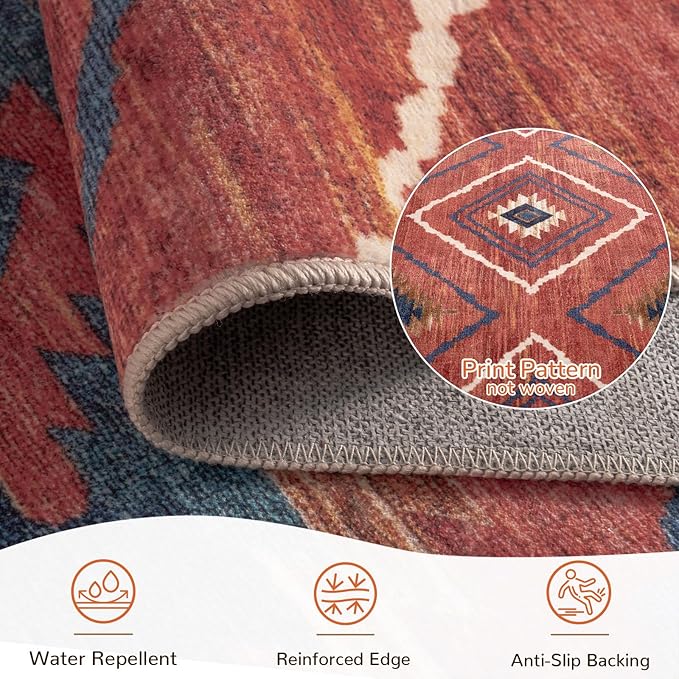 Area Rug 2x3 Rug Machine Washable Non-Slip Low Pile Print Pattern Western Rug for Living Room Bedroom Entryway Tribal Series -Red/Orange