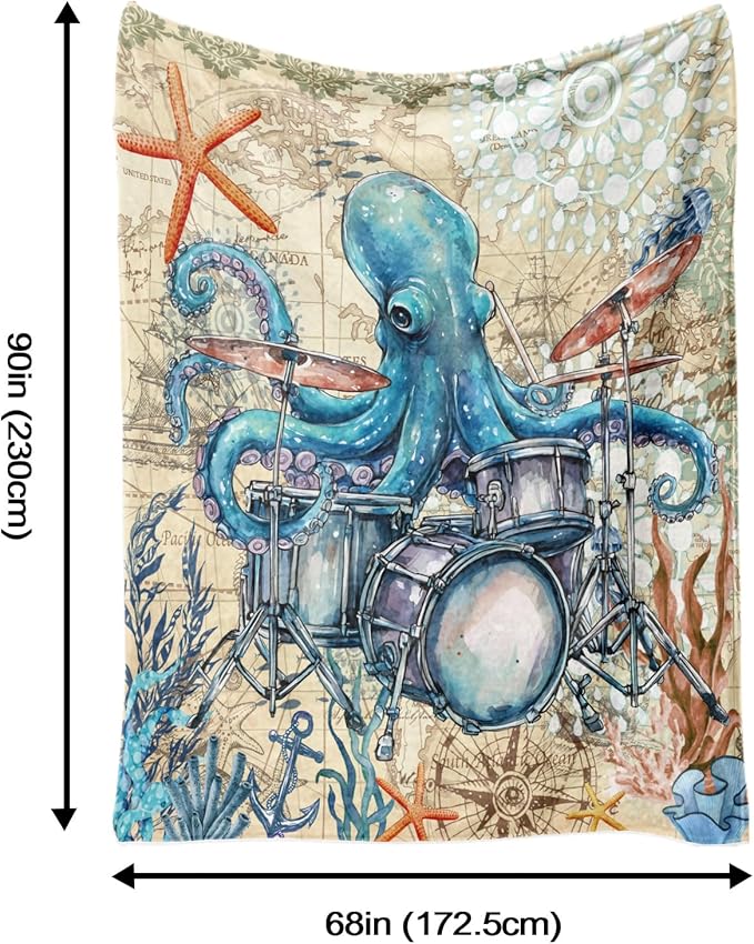 Octopus Throw Blanket, Vintage Soft Cozy and Warm Couch Blankets Gift for Octopus Lover, Decorative Blankets for Sofa Couch Bed, Blue Beige 50×60 inches