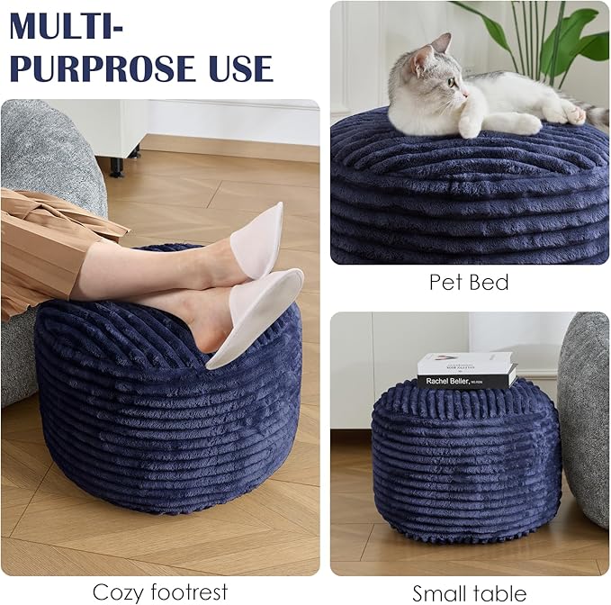 SHOUREN Stuffed Round Pouf Ottoman,Lightweight and Fluffy Poufs Storage Ottoman for Living Room,Corduroy Foot Rest with Shredded Foam Filling,Soft Floor Pouf for Couch,18"x 14", Navy