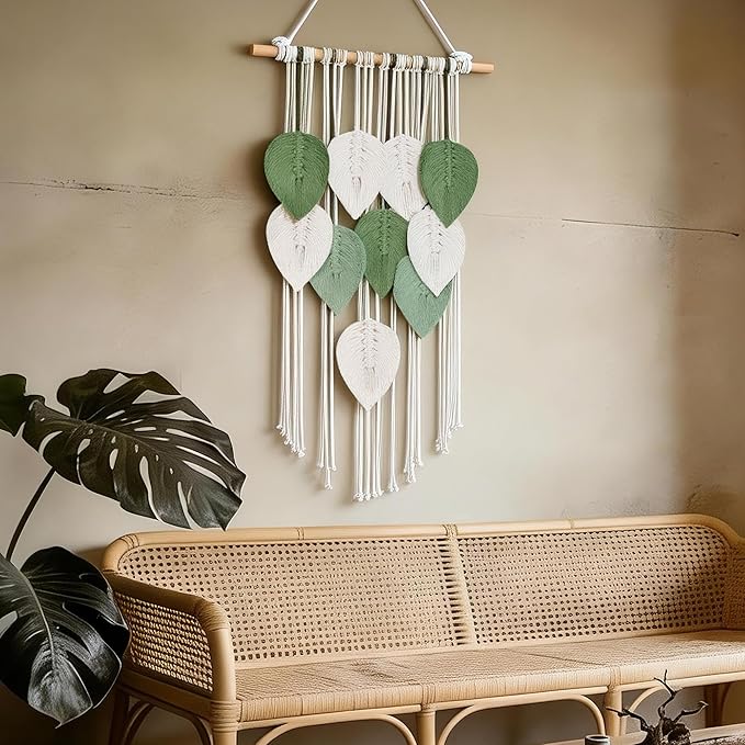 NYEONHRT Macrame Wall Hanging Boho Leaf and Feather Tapestry Handmade Woven Wall Art for Living Room Bedroom Nursery Decor 16x31 Inch (White green)