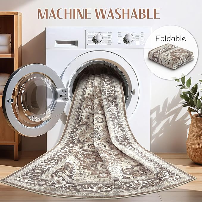 Washable Rug 7x9 Area Rugs: Boho Vintage Distressed Oriental Medallion Neutral Thin Large Rug Carpet for Living Room Bedroom Dining Room Home Office Decor - Dark Brown