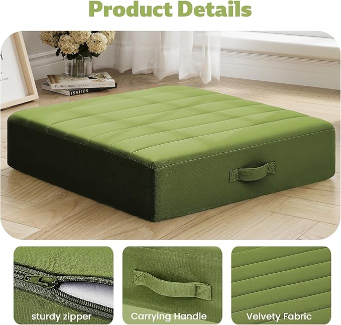 MeMoreCool Square Floor Pillows for Adults Kids, 2 Sets Large Meditation Cushion with 5" Thick Foam and Washable Tufted Cover, 24 Inch Green Seat Floor Cushions for Sitting and Yoga