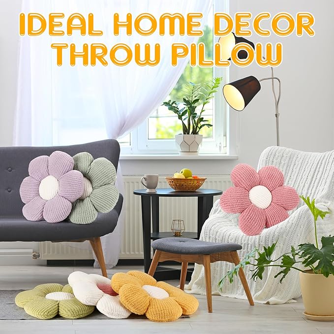 Coume 6 Pcs Flower Floor Pillows - 16 Inch Daisy Throw Pillows Cute Flower Decorative Floor Seat Cushions for Bedroom Home Sofa Chair Couch Decor(White, Pink, Purple, Yellow Green, Dark Green)