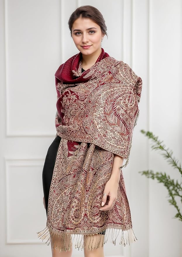 Achillea Reversible Paisley Pashmina Rave Scarf – Exotic Indian Shawls and Wraps for Evening Dresses, Festivals, All Seasons
