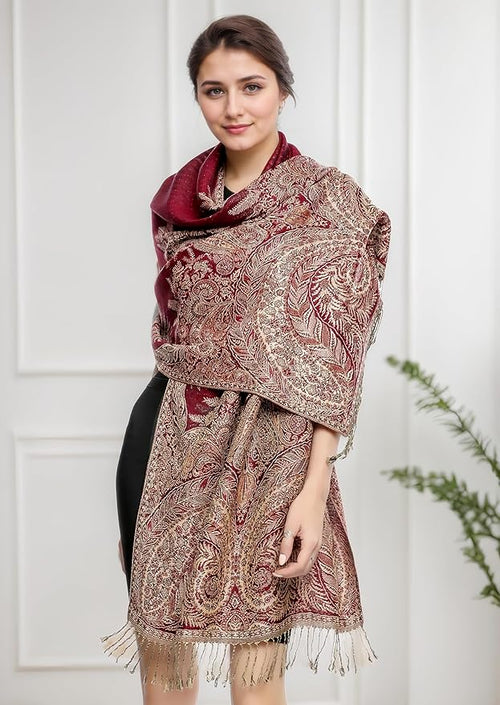 Achillea Reversible Paisley Pashmina Rave Scarf – Exotic Indian Shawls and Wraps for Evening Dresses, Festivals, All Seasons