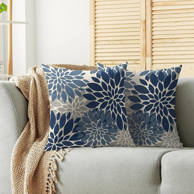 Dark Blue Grey Gray Pillow Covers 22X22 Inch Set of 2, Dahlia Flower Spring Summer Floral Cream Decorative Throw Pillow Covers Outdoor Modern Farmhouse Cushion Case for Home Couch Sofa Bed Decor