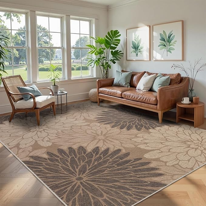 Easy Jute Rug 8x10 Floral Outdoor Rug Washable Area Rugs for Living Room Bedroom Non Slip Neutral Farmhouse Indoor Outdoor Carpet for Backyard Patio Office
