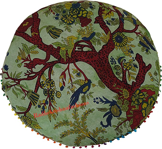 35 X 35 inch Large Mandala Floor Pillow Cushion Seating Throw Cover Hippie Decorative Bohemian Ottoman Poufs, Multi Pom Pom Pillow Cases,Boho Indian Pet Dog Bed Cover (Green T.L)