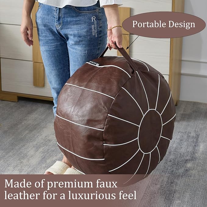 Louis Donné Unstuffed Round Pouf Ottoman Cover, Handmade Moroccan Decorative Pu Footstool Seat, Small Bean Bag with Storage, Floor Chair Footstool for Living Room, Bedroom Balcony(ONLY Cover)