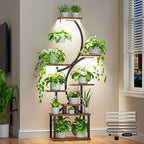 Plant Stand Indoor with Grow Lights - 62" Tall Plant Shelf, Lighted Corner Plant Stands for Indoor Growing, 8 Tiered Large Flower Holder, S-Shaped Decorative Rack for Living Room, Patent Design, Brown