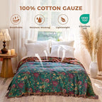 Boho Throw Blanket for Bed 100% Cotton Soft Lightweight Quilt Home Decor Spring Bed Blanket,Floral Embroidery Reversible All Season Bohemian Breathable Twin Throws for Sofa Couch Chair 60"x80"
