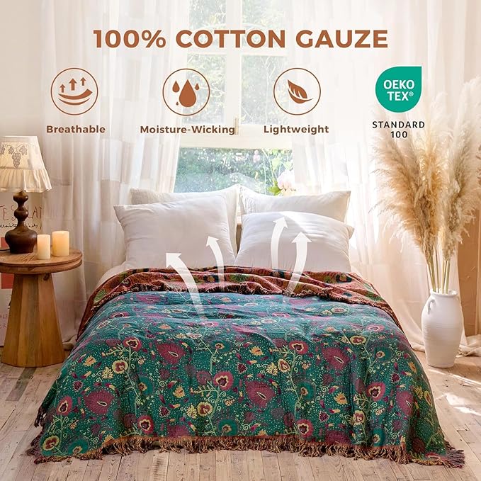 Boho Throw Blanket for Bed 100% Cotton Soft Quilt Home Livingroom Decor Spring Bed Blankets,Floral Reversible All Season Breathable Throw for Sofa Couch Chair 80"x90"