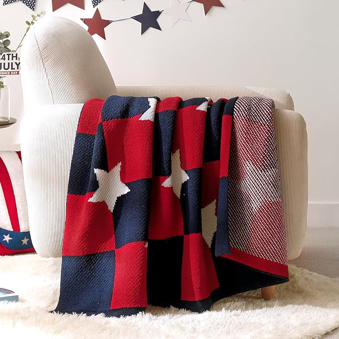 Amélie Home Patriotic Ultra Soft Knit Chenille Throw Blanket - Red White Blue Stars American Flag Pattern Cozy Blankets for Couch, 4th of July Memorial Independence Day Gifts, 50"x60", Red&Blue