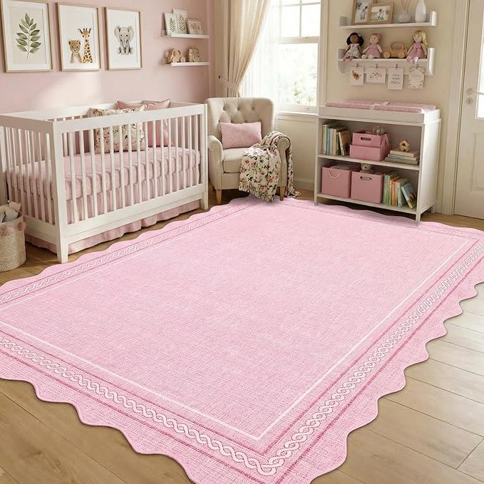 GarveeHome Scalloped Washable Pink Rugs for Bedroom Grils, 5x7 Living Room Rug Non Slip Playroom Rug Soft Non Shedding Bedroom Rugs Low Pile Stain Resistant Carpet for Nursery Dining Room, Pink