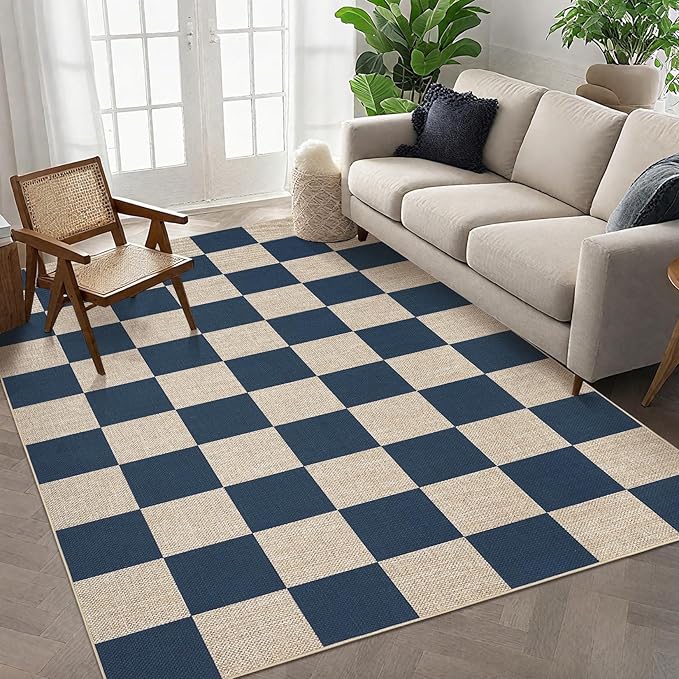 GarveeHome Easy Jute Area Rugs 6x9 for Living Room Non-Slip Backing Checkered Rugs Machine Washable Modern Indoor Outdoor Carpets for Dining Room Nursery Patio Bedroom Backyard Camping Navy Blue