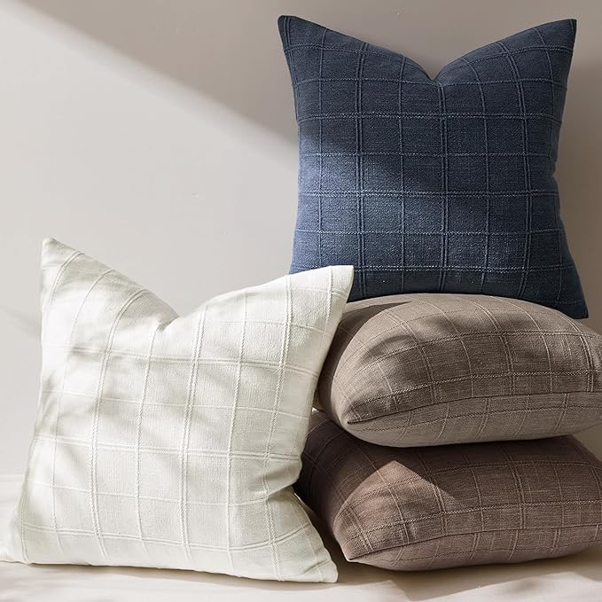 Woaboy Linen Check Throw Pillow Covers Dark Blue Farmhouse Modern Boho Vintage Coastal 18x18 Inch Set of 2 Decorative Cushion Covers for Sofa Couch Bedroom Living Room Home Decor