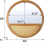 24 Inch Rattan Round Mirror, Vintage Hand-Woven Wooden Framed Wall Mirror for Living Room, Bedroom, Bathroom, Entryway Decor, Natural Hanging Decorative Mirrors for Indoor Wall Art