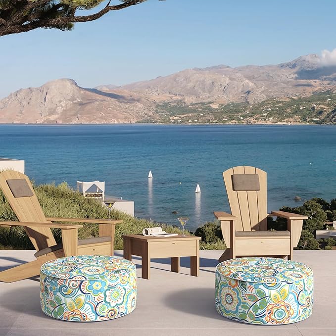 Inflatable Ottoman Stool D21 xH9 for Outdoor/Indoor Use, Water Repellent Patio Foot Rest Stool with Portable Handle,Round Pouf Ottoman Suitable for Garden,Deck and Camping - Flower Blue