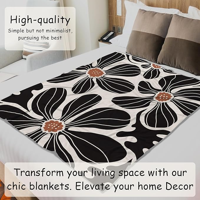 HIWX Boho Abstract Floral Blanket, Modern Abstract Boho Black Flower Throw Blanket for Home Living Room Bedroom Couch Bed Decor, 50x60 Inches