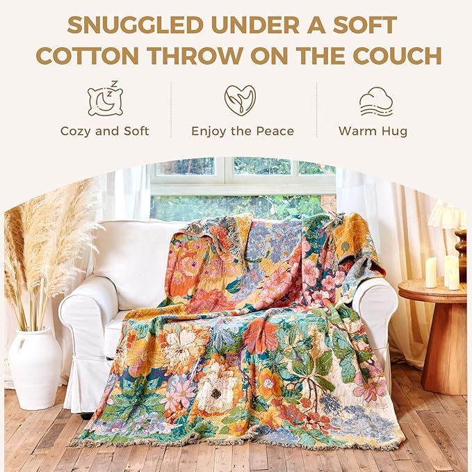 Boho Throw Blanket for Bed Cotton Spring Blankets for Bedroom Living Room All Season Lightweight Floral Embroidery Reversible Twin Quilt for Couch Sofa Chair 60"x80" Home Decor