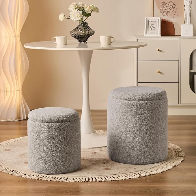 Round Ottoman with Storage Set of 2 - Upholstered Sherpa Vanity Stool for Makeup Multifunctional Ottomans Coffee Table Padded Seat Foot Rest for Living Room & Bedroom (Sherpa Gray)